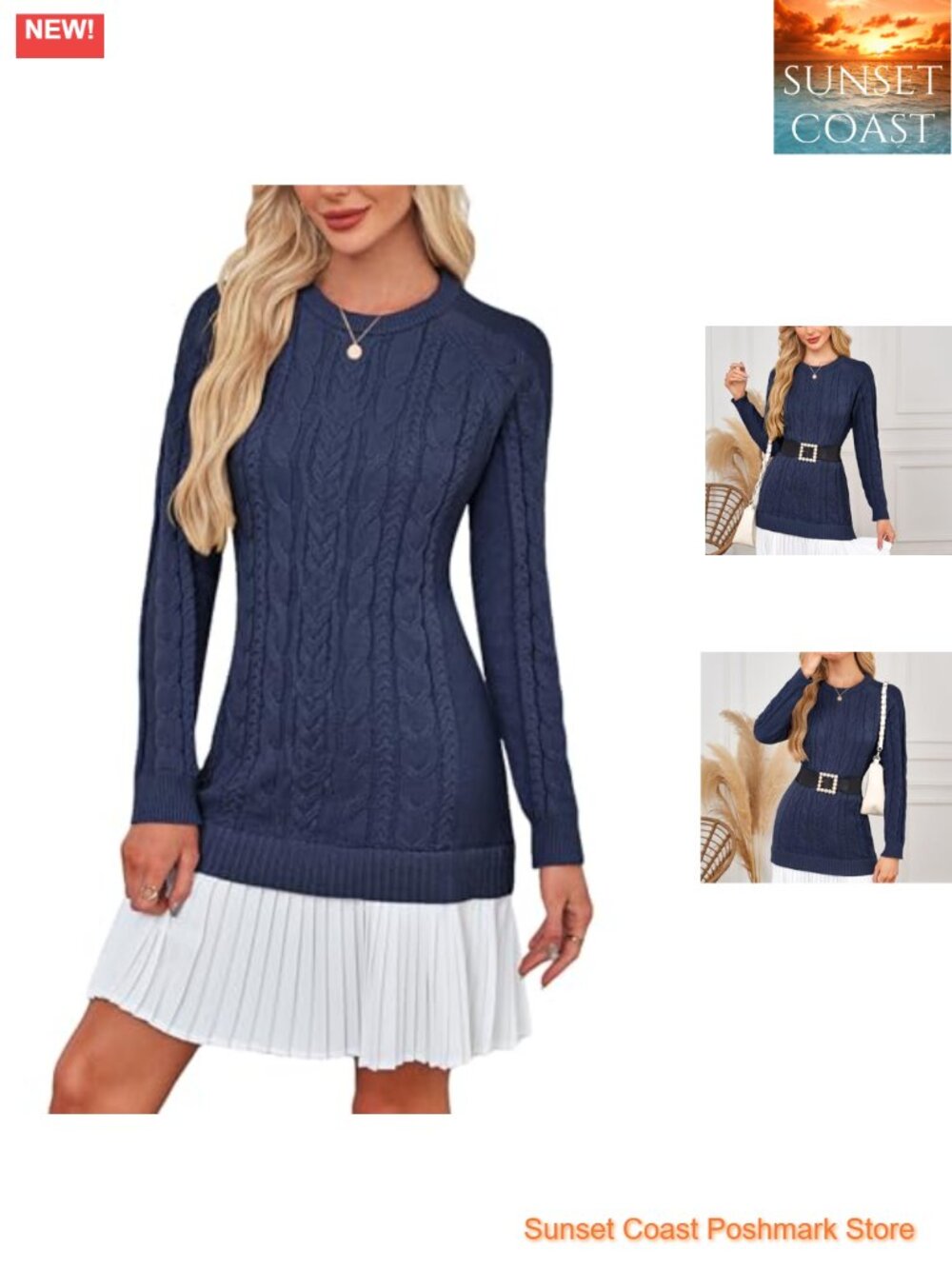 Cable Knit Sweater Dress Pleated Mini Long Sleeve Fall Winter